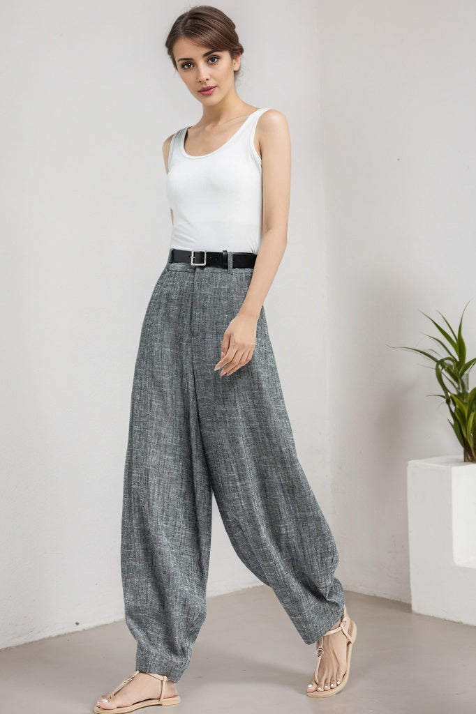 Gray Cotton Linen Wide Leg Pants - Loose Fitting, Breathable Comfort 5908
