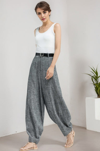 Gray Cotton Linen Wide Leg Pants - Loose Fitting, Breathable Comfort 5908