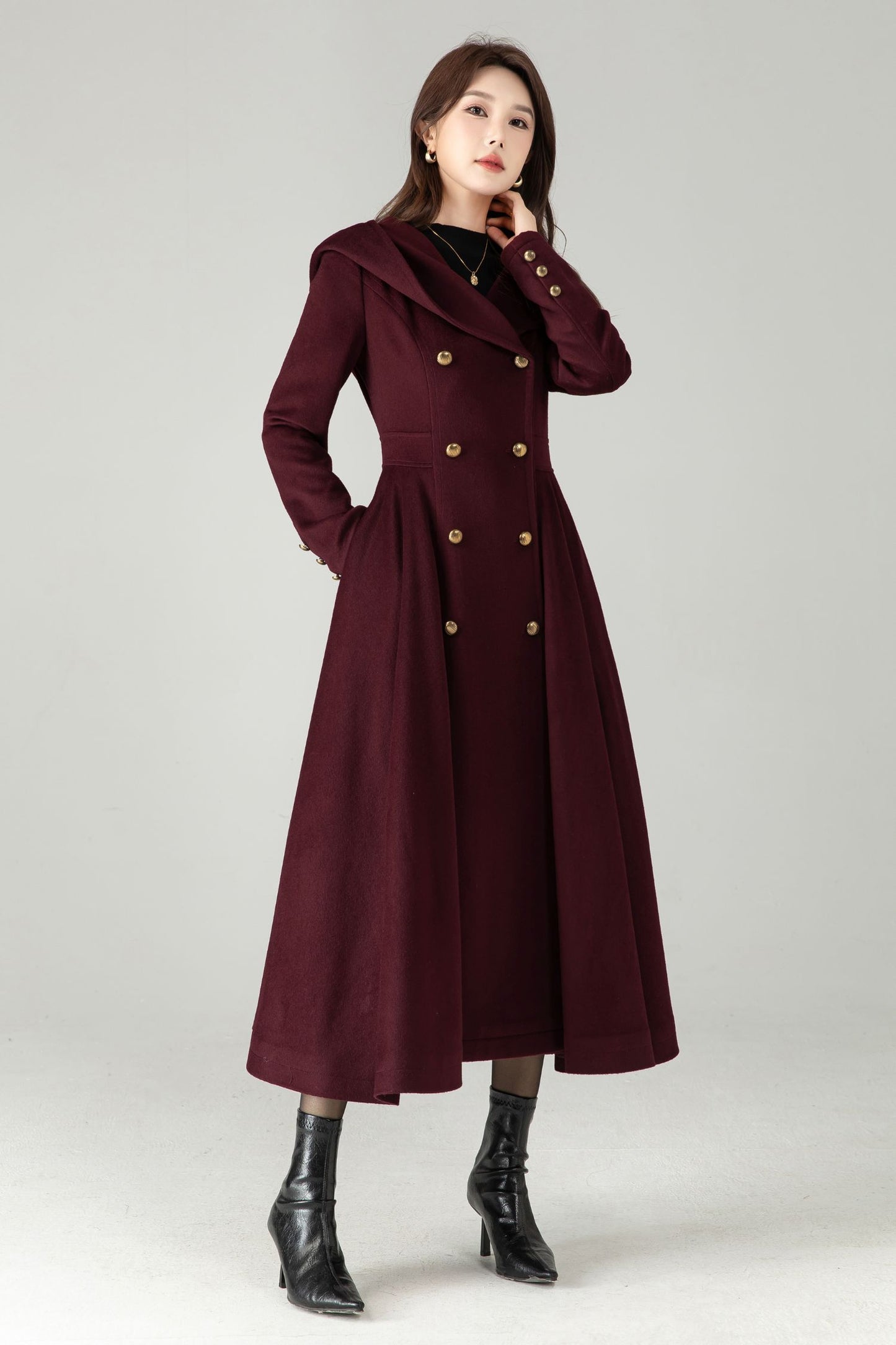Hooded Burgundy Wool Coat – Elegant Double-Breasted Long Swing Coat | Xiaolizi 6573