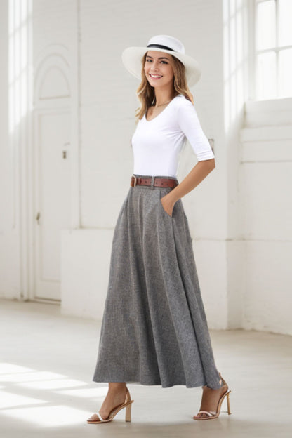 Gray A line High waist Linen Maxi Skirt with Pockets  2782