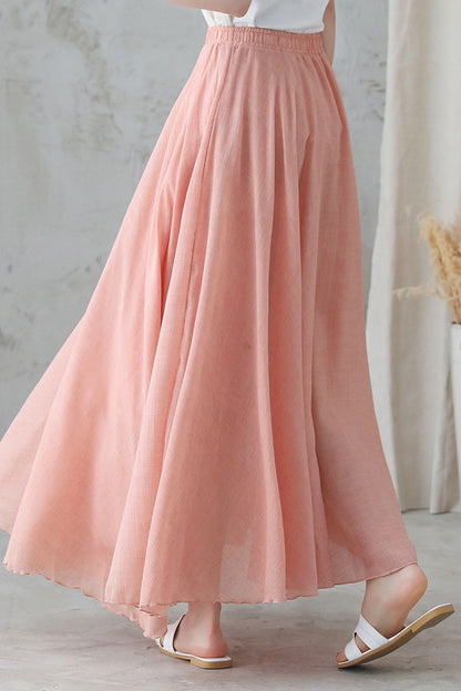 Pink Linen Maxi Skirt - Flowy Bohemian Circle Skirt 2745