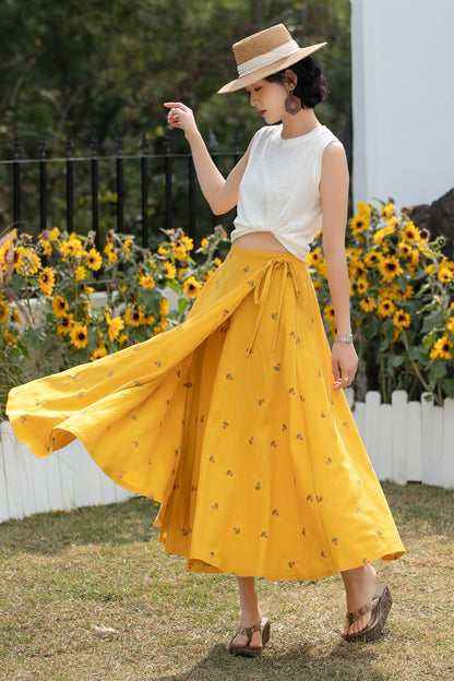 Xiaolizi Linen Wrap Midi Skirt – Mustard Yellow Floral A-Line Summer Skirt 6688