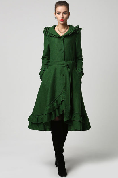Dark Green Wool Coat – Vintage Ruffle Hooded Winter Overcoat with Tie Belt 1120