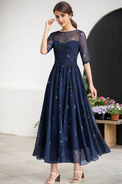 Summer Women Blue Starry Sky Swing Chiffon Midi Dress 2353#