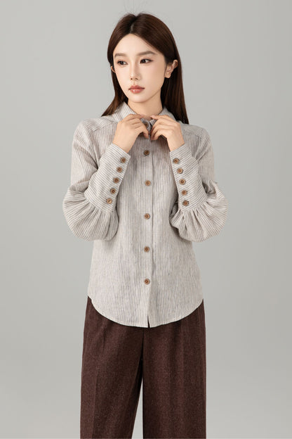 Striped Linen Shirt - Puff Sleeve Button Front | Xiaolizi 6544