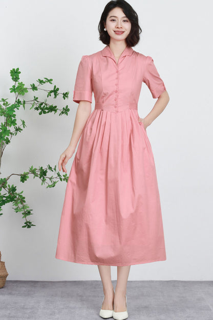 Pink Linen Cotton Midi Dress - Fit and Flare, Pleated Waist 5734