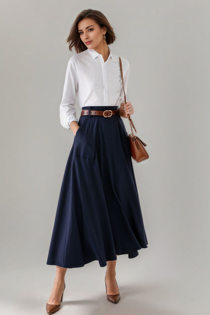 Handmade Cotton Blend A-Line Midi Skirt – Vintage High Waist Swing Skirt with Pockets 6302