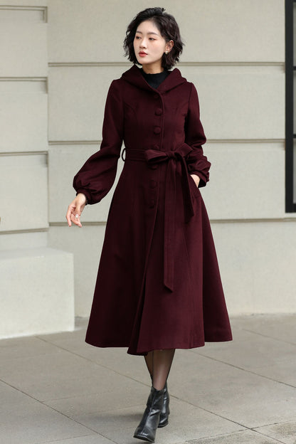 Handmade Wool Blend Coat – Lantern Sleeve Hooded Winter Coat 6532