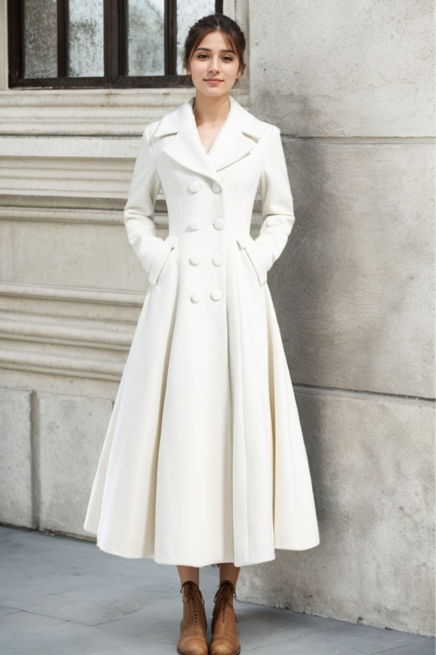 winter white wool dress coat Off White Wool Blend Double Breasted Belted Coat