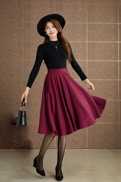 Burgundy knee length swing wool skirt 5362