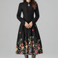 Timeless Black Wool Midi Dress – Floral Embroidery, A-Line Pleats – 6397