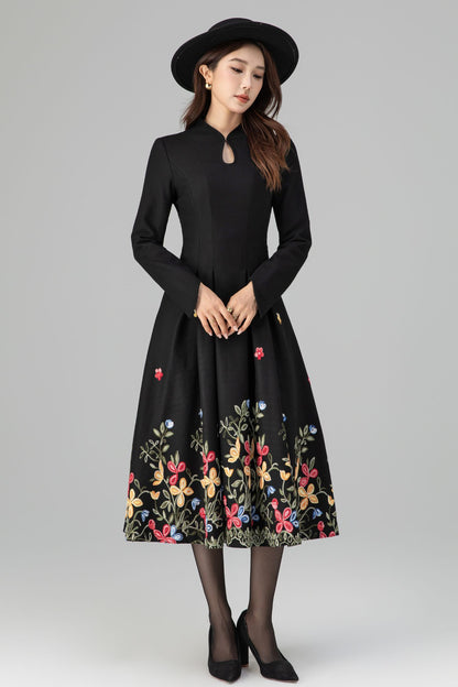Black Wool Midi Dress - Floral Embroidery, Pleated A-Line Skirt 6397