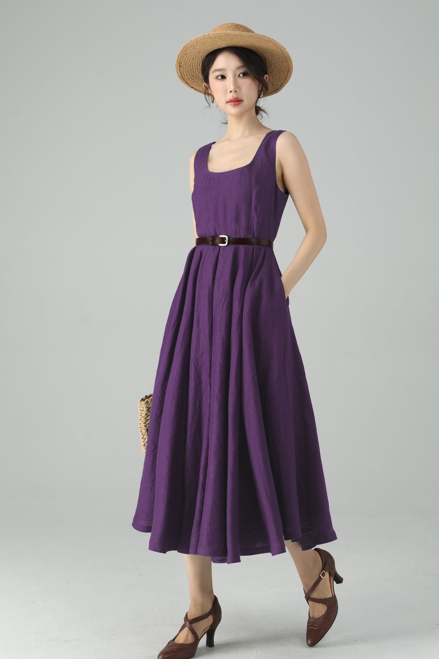 Purple Linen Midi Dress – Handmade Square Neck Fit-and-Flare Dress 6675