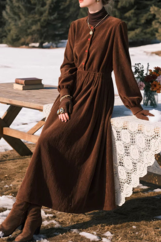 Vintage Corduroy Midi Dress – Button Front Long Sleeve Winter Dress | Xiaolizi 6648