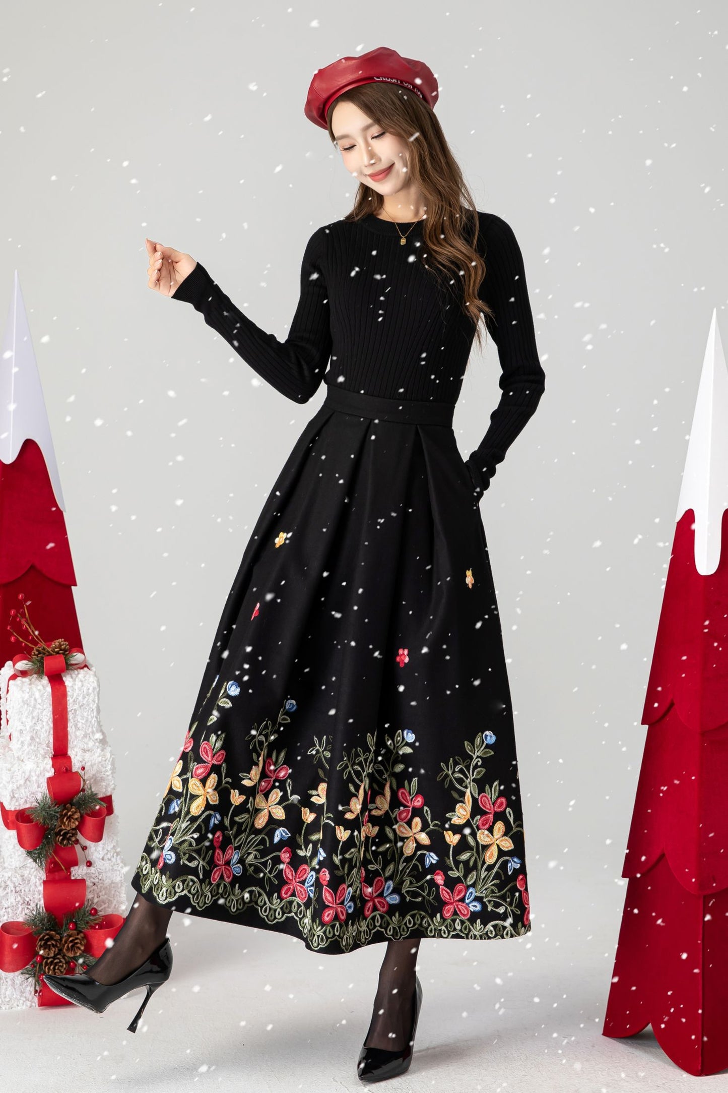 Black Maxi Embroidered Wool Skirt 4612