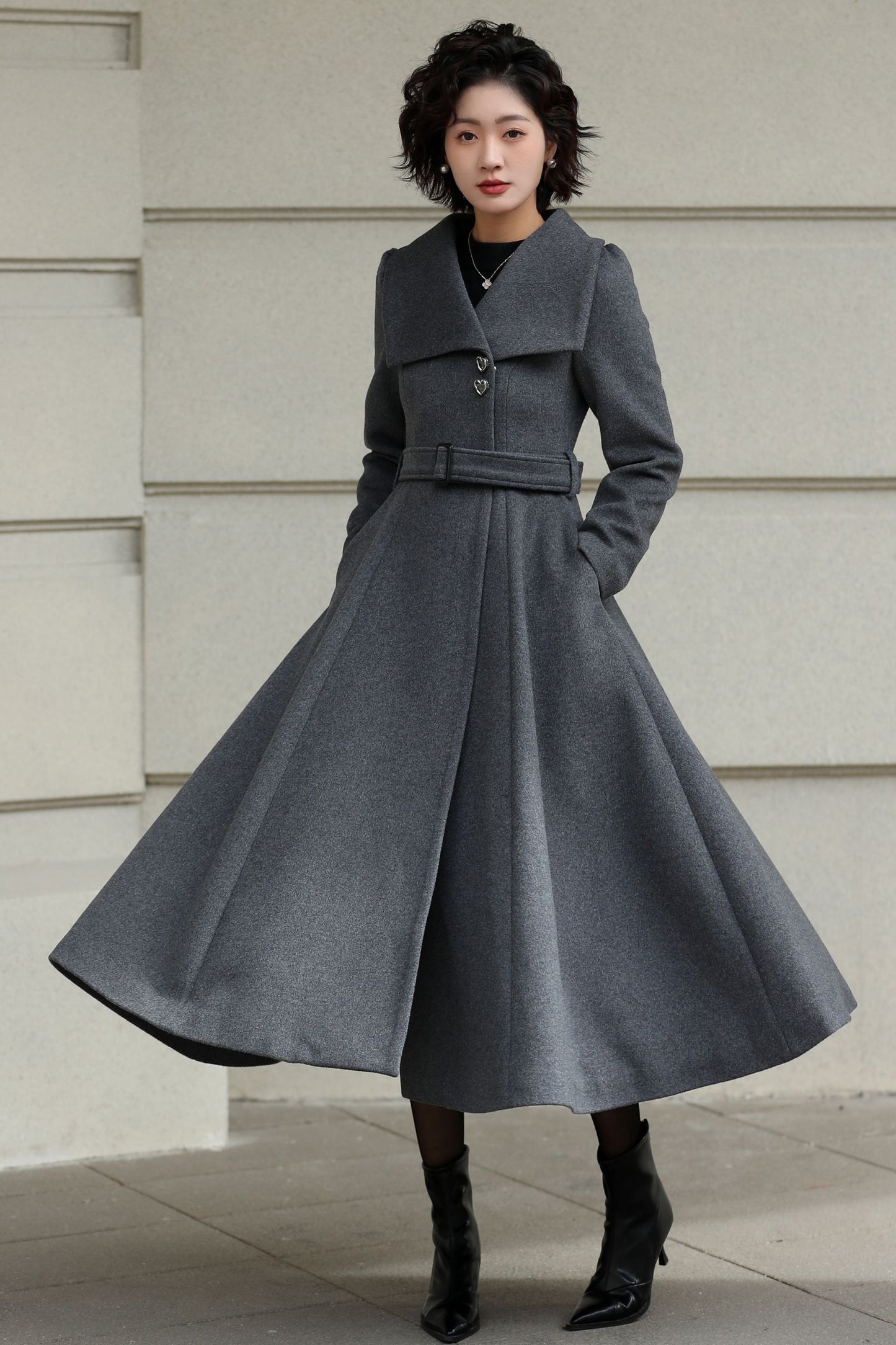 Handmade Vintage Wool Coat – Gray Fit and Flare Belted Midi Winter Coat 6617