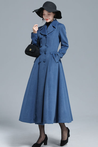 Blue Wool Maxi Coat - Vintage Inspired Fit & Flare Silhouette 3127
