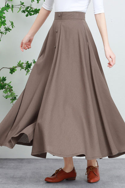 Beige Linen Cotton Maxi Skirt - High Waist Button Front 5731
