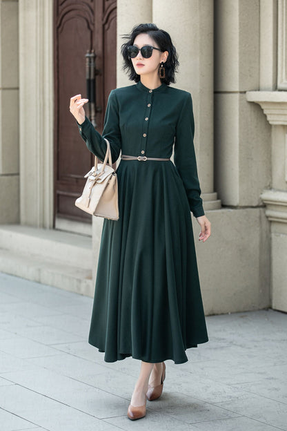 Dark Green Wool Maxi Dress - Long Sleeve, Flowy Winter Style 5314