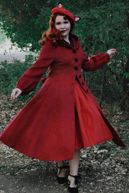 Red Wool Blend Midi Coat - Hooded with Lantern Sleeves 3184