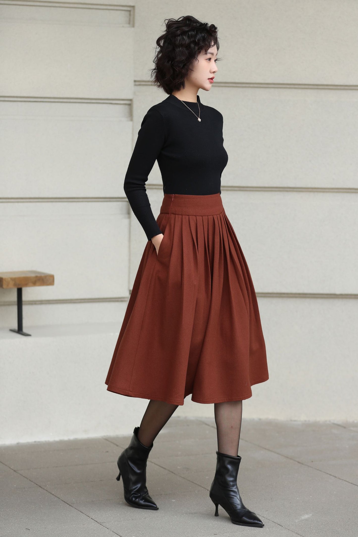 Xiaolizi Rust Brown Wool Midi Skirt for Women – Handmade High-Waist A-Line Winter Skirt 6608