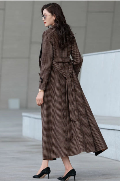 Plaid Wool Blend Long Coat - Lapel Lined | Xiaolizi 5296