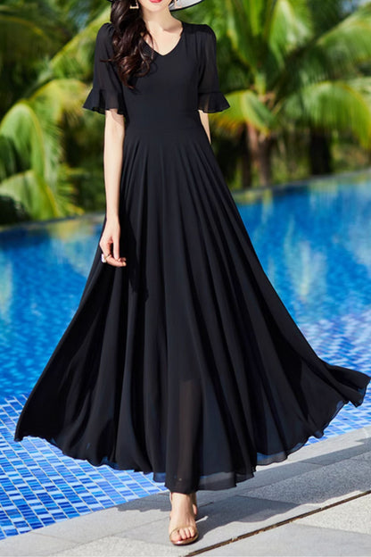 Red Chiffon Maxi Dress - Flowing V-Neck Bridesmaid Gown 5009
