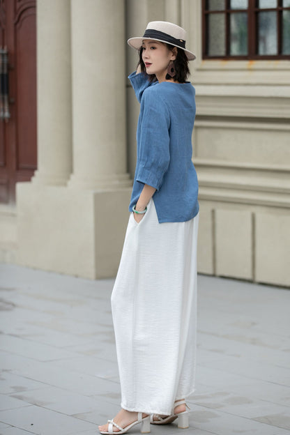 Blue summer linen top blouse 5221