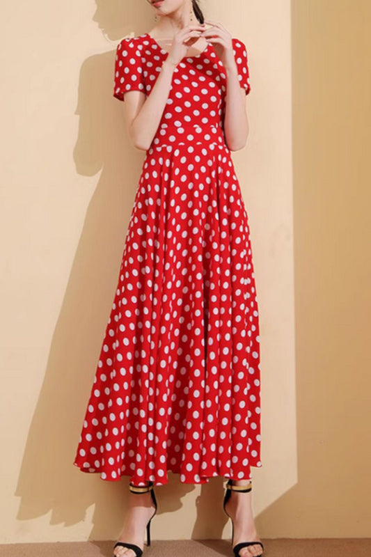 Red and white polka dot long chiffon dress 5019