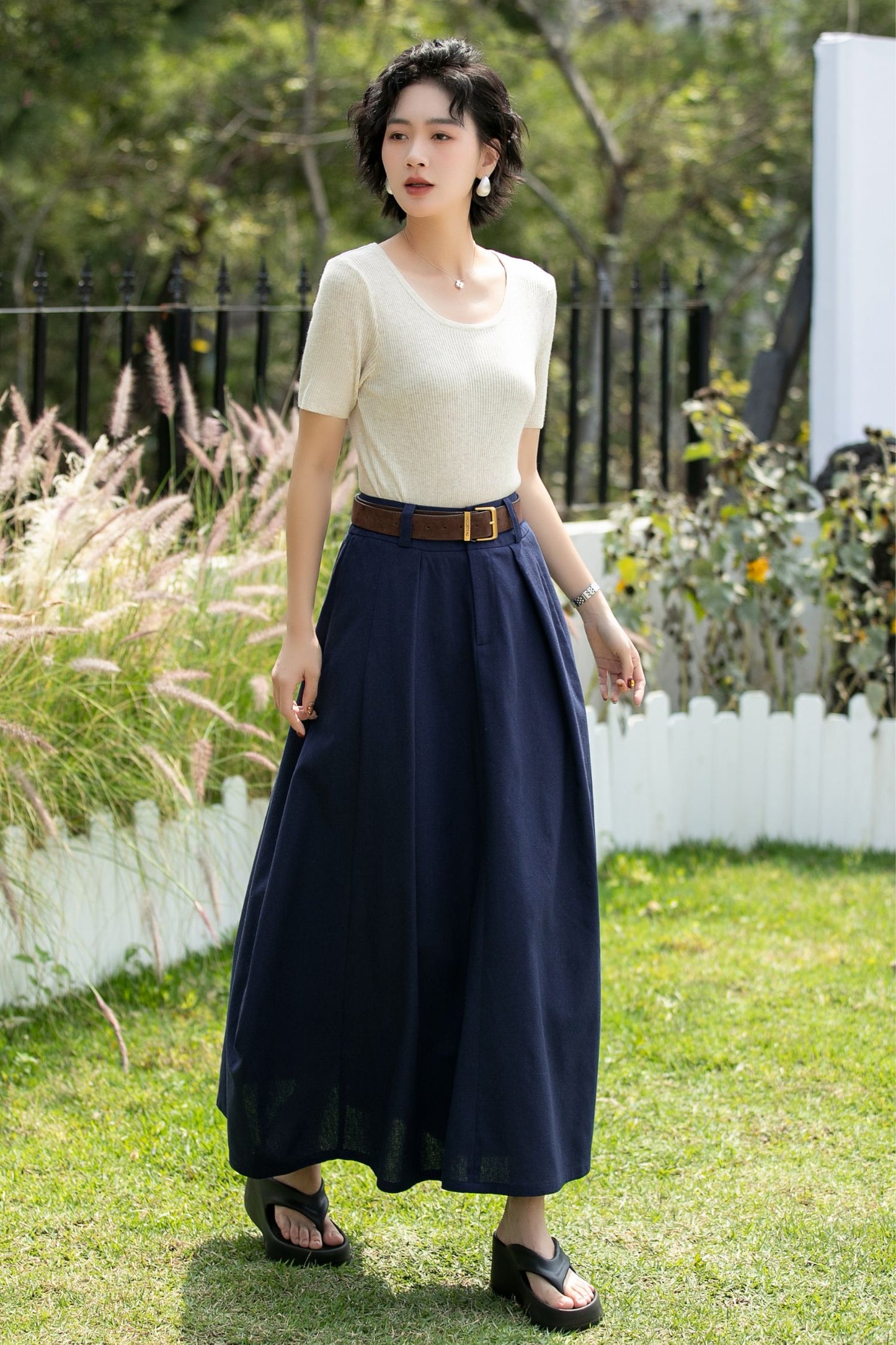 Handmade Navy Linen Cotton Asymmetrical Maxi Skirt | Xiaolizi 6740