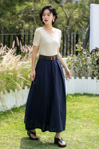 Handmade Navy Linen Cotton Asymmetrical Maxi Skirt | Xiaolizi 6740
