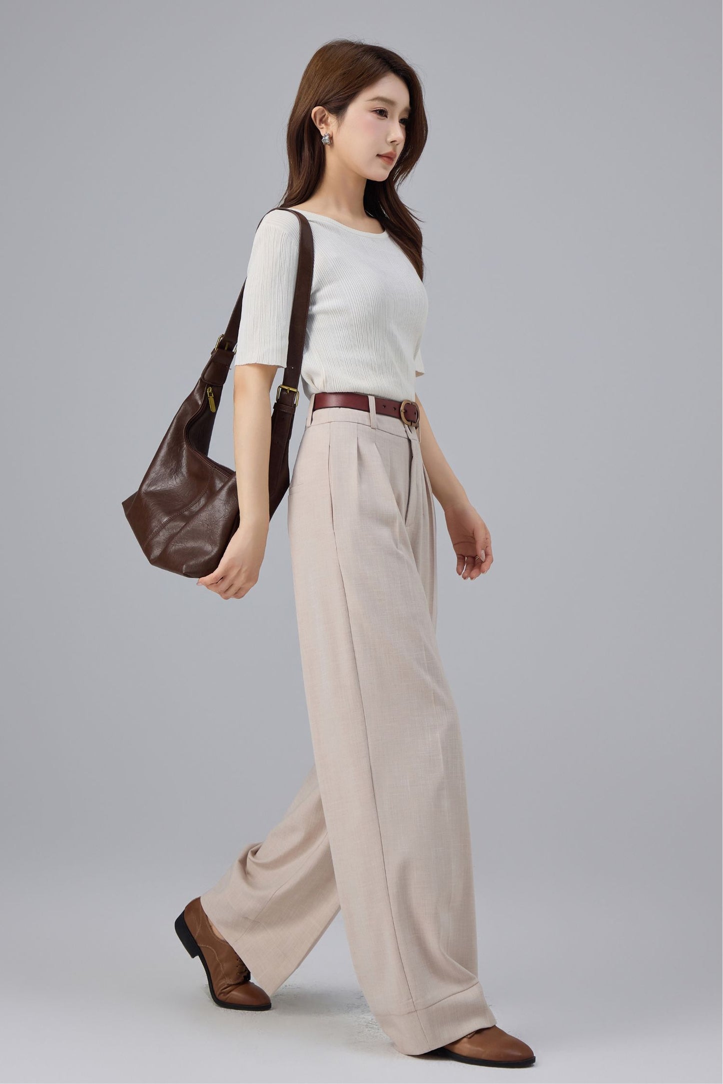 Beige Polyester Wide Leg Pants - High Waist Pleated | Xiaolizi 6761