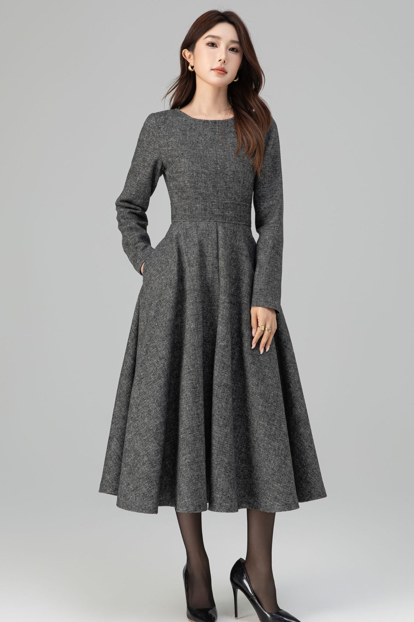 Handmade Dark Gray Wool Midi Dress – Long Sleeve Fit and Flare | Xiaolizi 6390