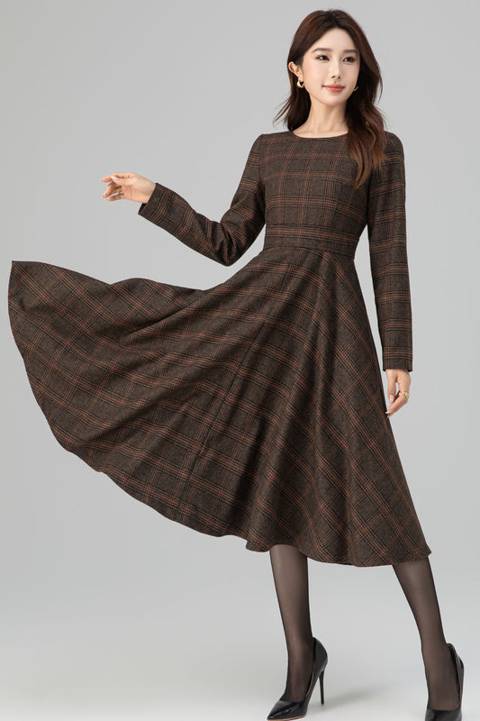 Brown Wool Blend Plaid Dress – Handmade Vintage Midi Winter Style | Xiaolizi 6391