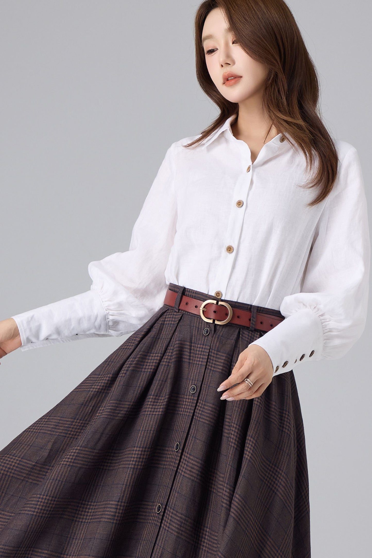 White Linen Cotton Shirt for Women – Puff Sleeve Vintage Inspired Button Blouse | Xiaolizi 6765