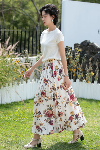 Vintage Floral Linen Cotton Swing Midi Skirt | Xiaolizi 6737