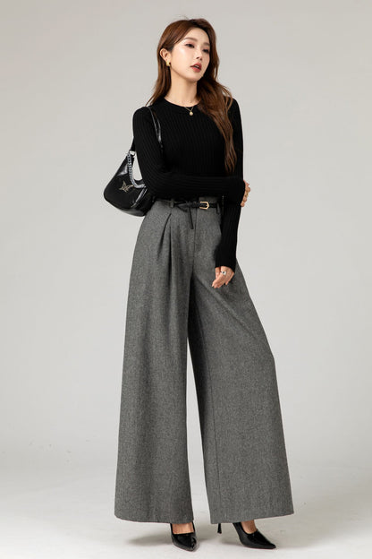 Gray Wool Wide-Leg Pants - High Waist Fitted | Xiaolizi 5482