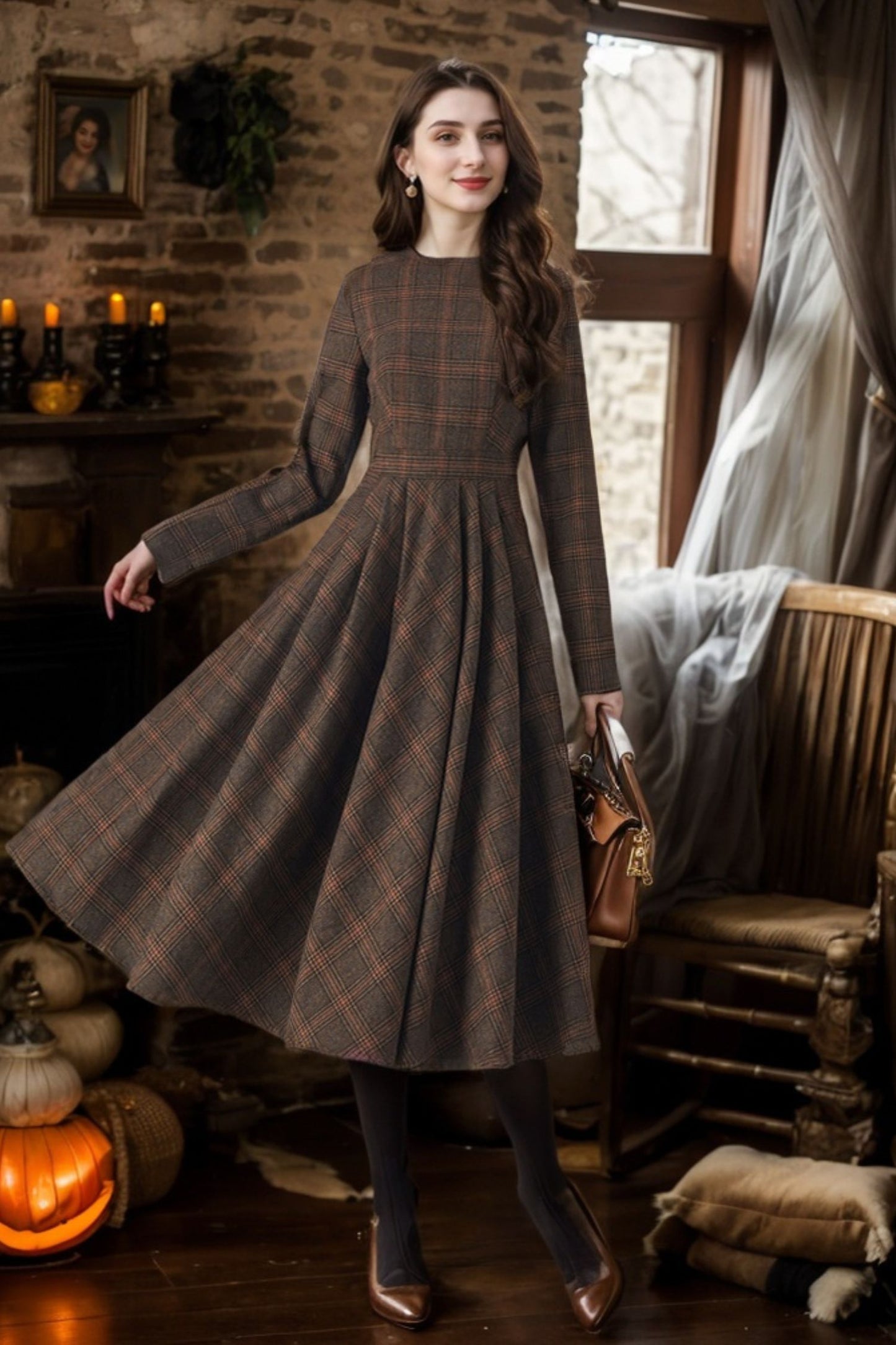 Long Sleeve Plaid Midi Wool Dress 5406