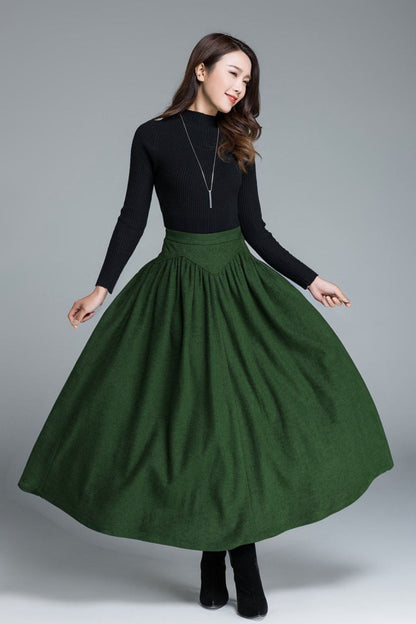 Green Wool Blend Maxi Skirt – Handmade Vintage High Waist Pleated Winter Elegance 5228