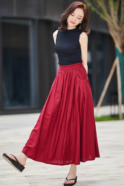 Red Linen Cotton Maxi Skirt - Pleated Pockets Flared | Xiaolizi 2176