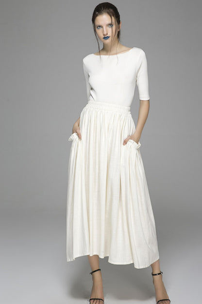 White Linen Cotton Maxi Skirt - Elastic Waist Big Pockets | Xiaolizi 1391