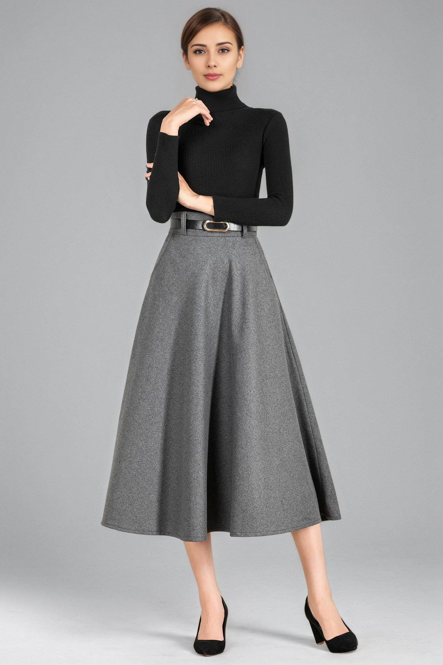 Classic A-Line Skirt in Gray Wool – High-Waist Belted Midi – 6354