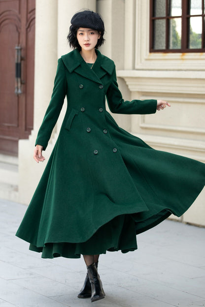 Elegant Winter Wool Coat – Dark Green Double Breasted A-Line – 5452