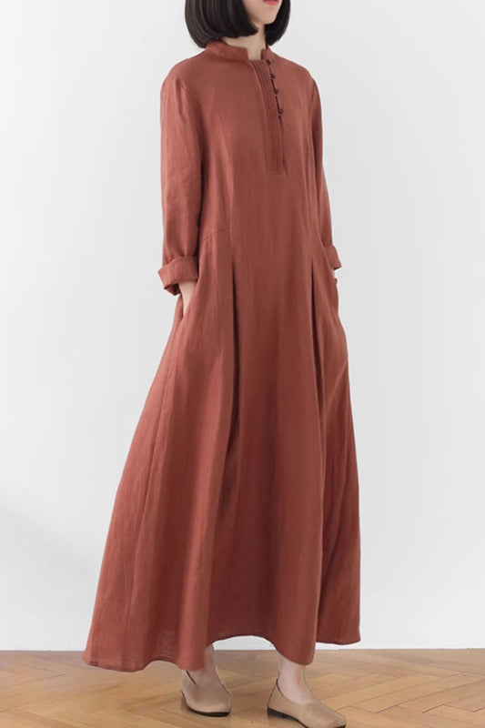 Long sleeves spring linen dress women 4826