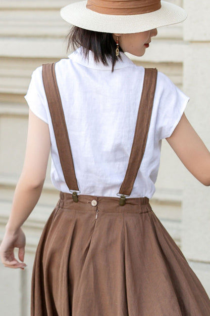 White Linen Shirt Top - Loose Fit, Lapel Collar 4921