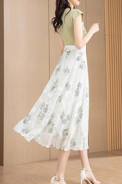 Midi floral high waisted chiffon skirt 6191