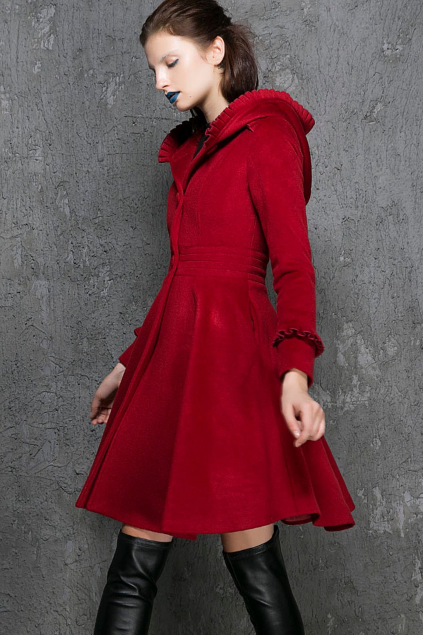 Wine red wool winter women hooded coat 1354