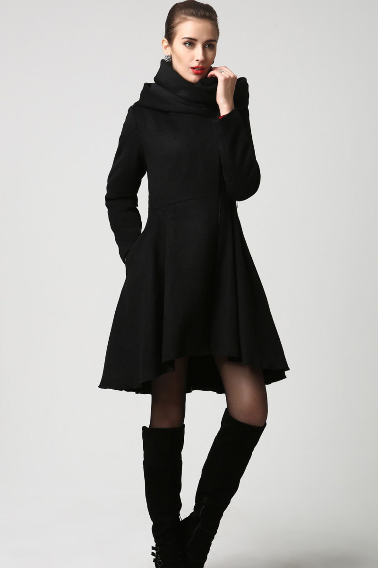 Black Winter Hooded Wool Coat Women 1121#