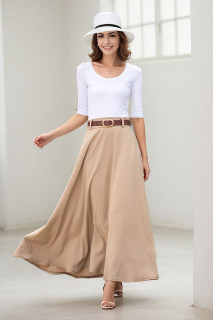 Khaki A line Swing Linen Maxi Skirt with Pockets  2780