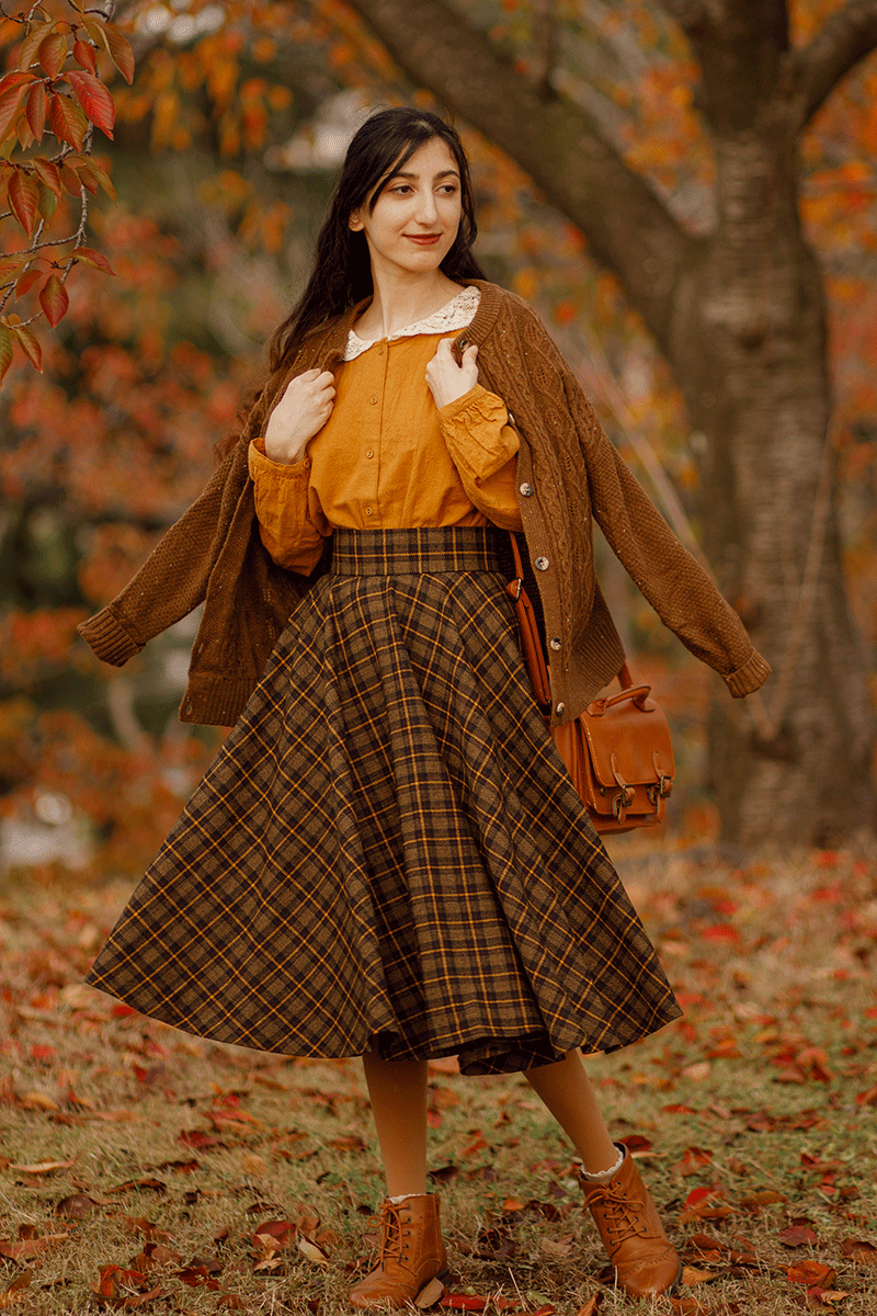 Midi Wool Plaid Circle Skirt For Women 4733